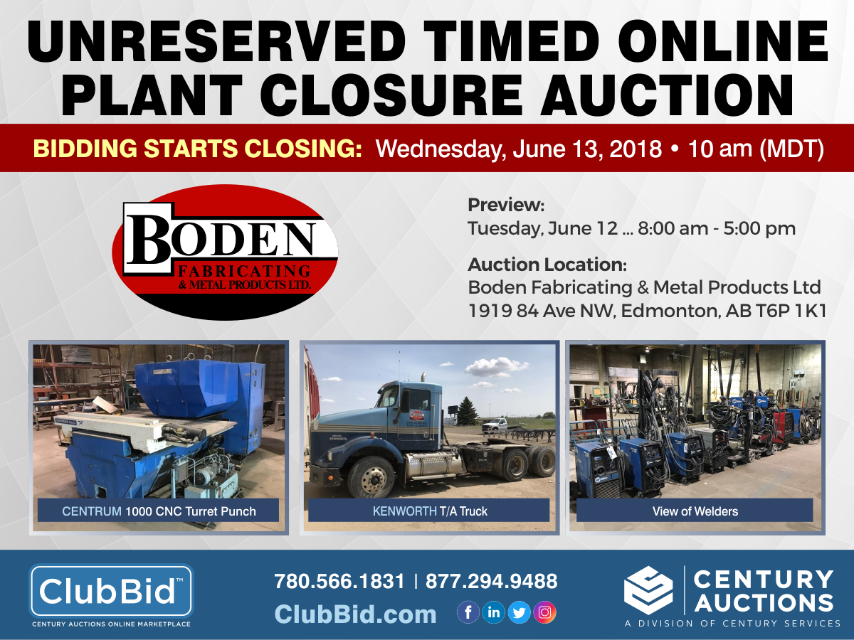 Boden Fabricating & Metal Products Timed Online Plant Closure Auction