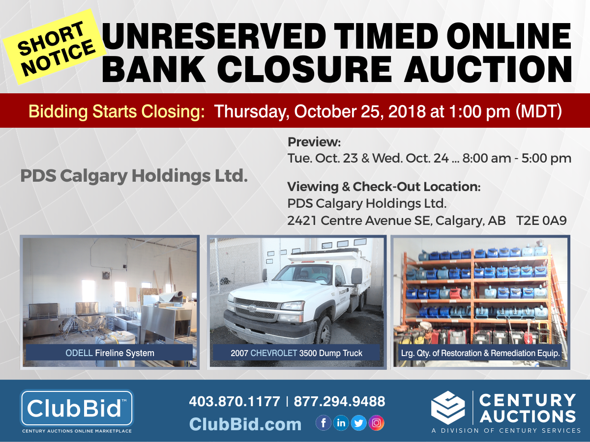 Short Notice Unreserved Timed Online Bank Closure Auction PDS Calgary Holdings