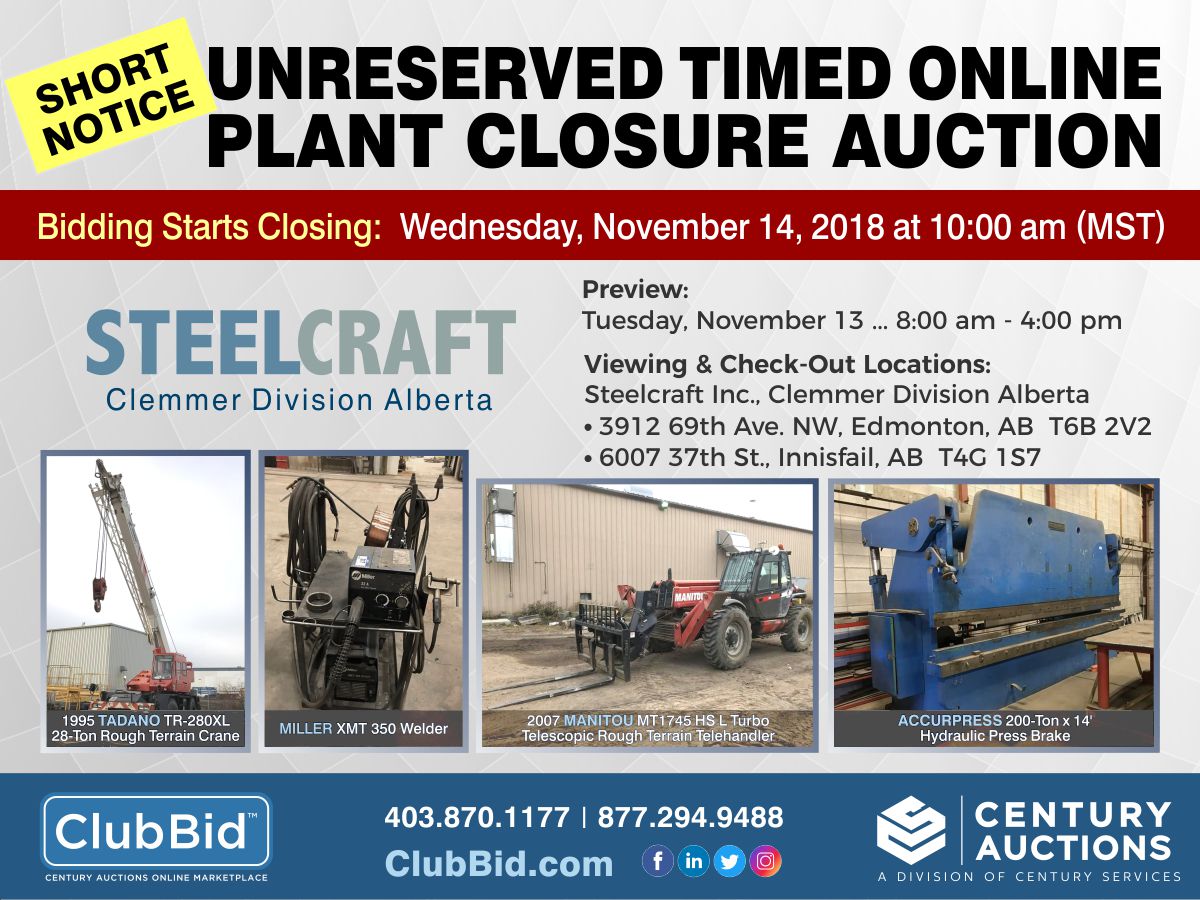 Timed Online Plant Closure Auction Steelcraft November 14, 2018