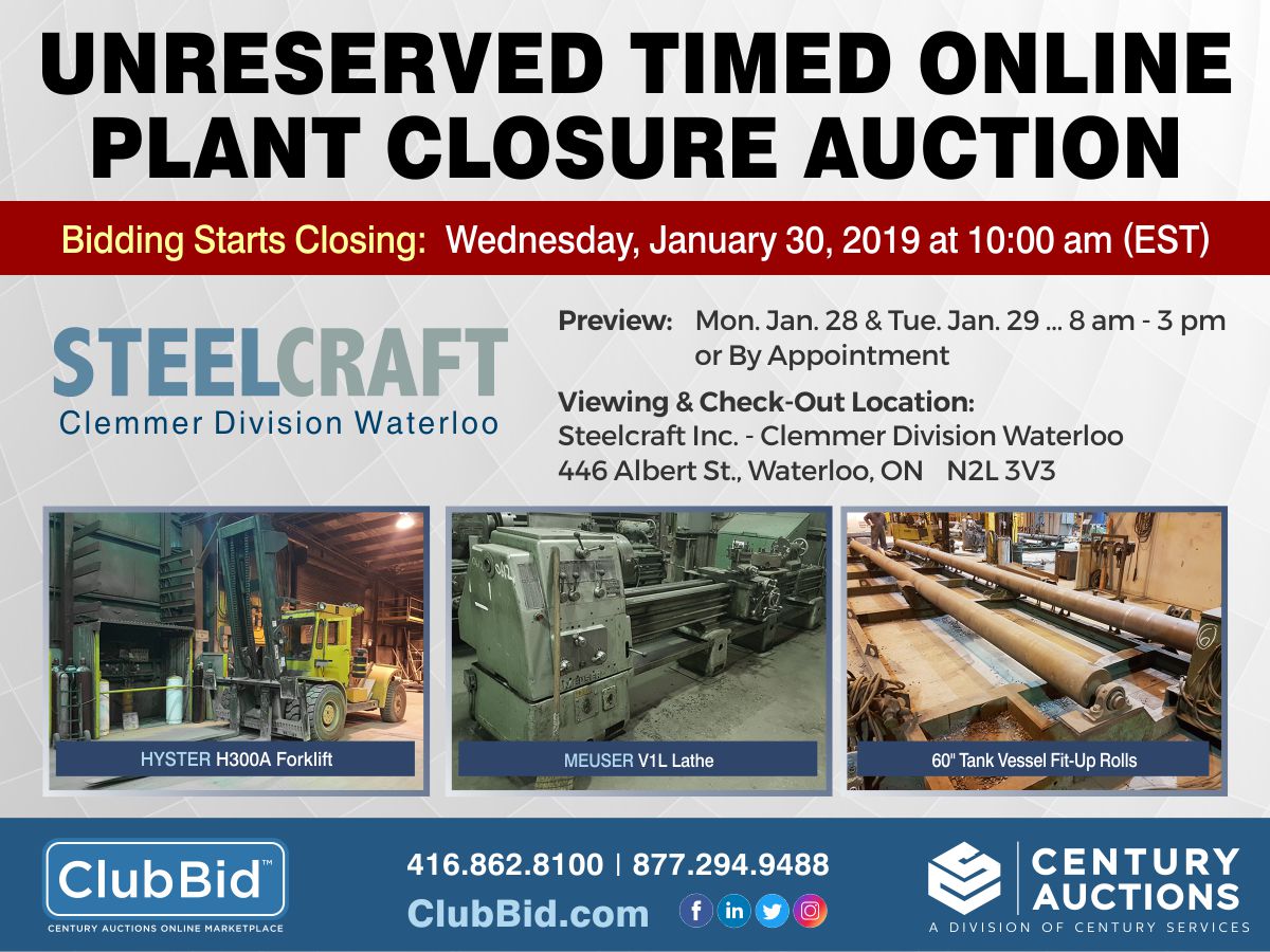 Unreserved Timed Online Plant Closure Auction Steelcraft Inc. Waterloo